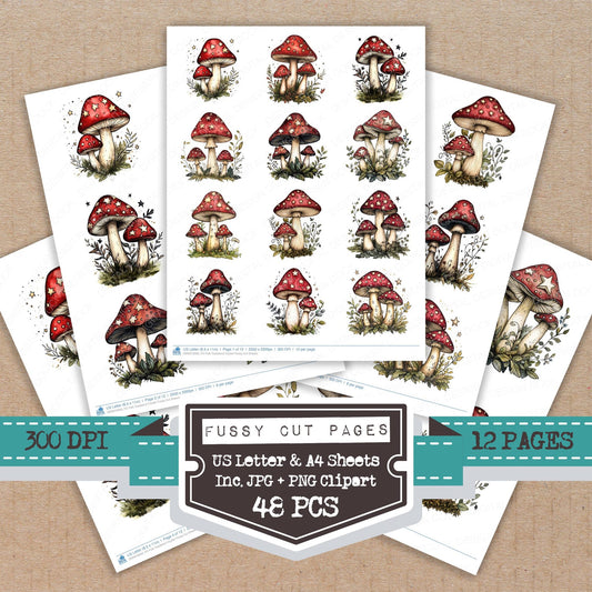 Folk Toadstool Cluster fussy cut printable sheets for junk journaling, scrapbooking, and paper craft projects