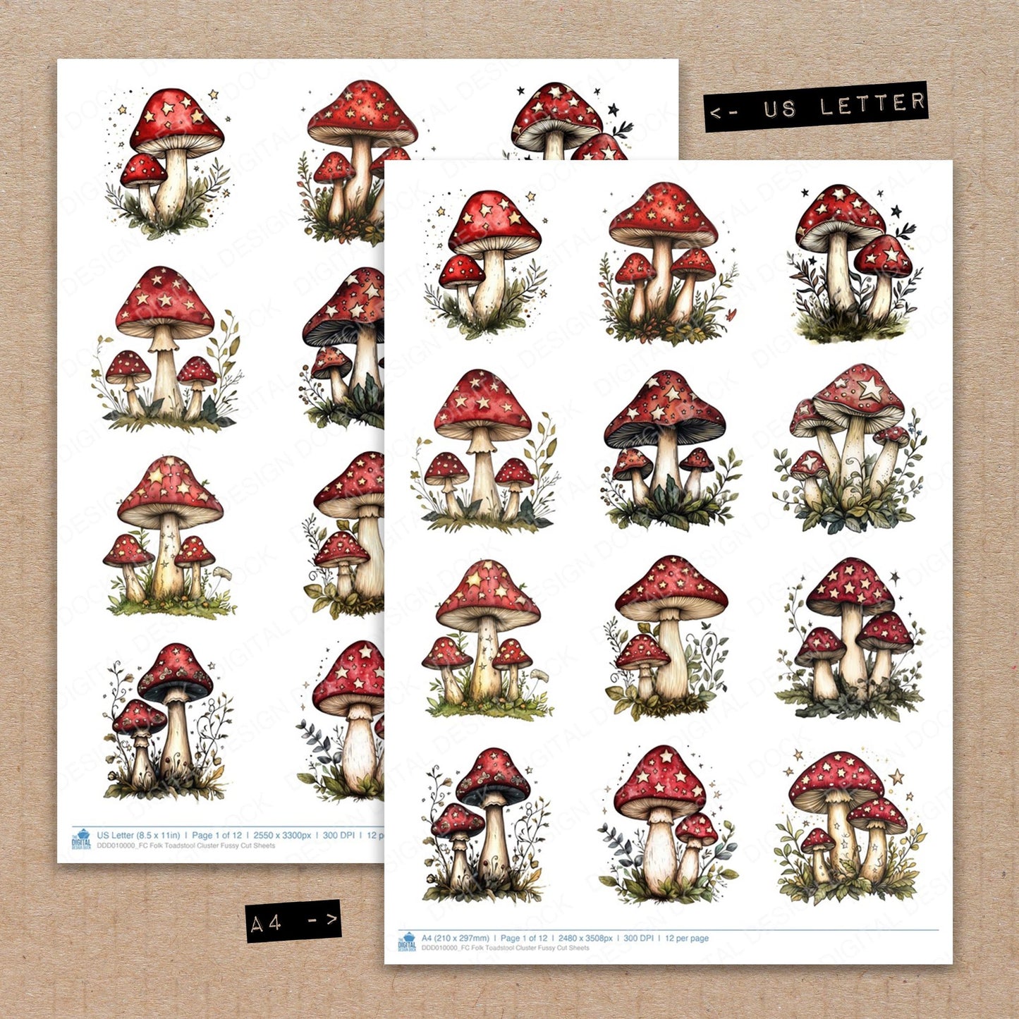 A4 and US Letter format comparison showing Folk Toadstool Cluster fussy cut pages for print and cut crafting