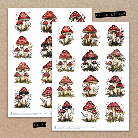 A4 and US Letter format comparison showing Folk Toadstool Cluster fussy cut pages for print and cut crafting