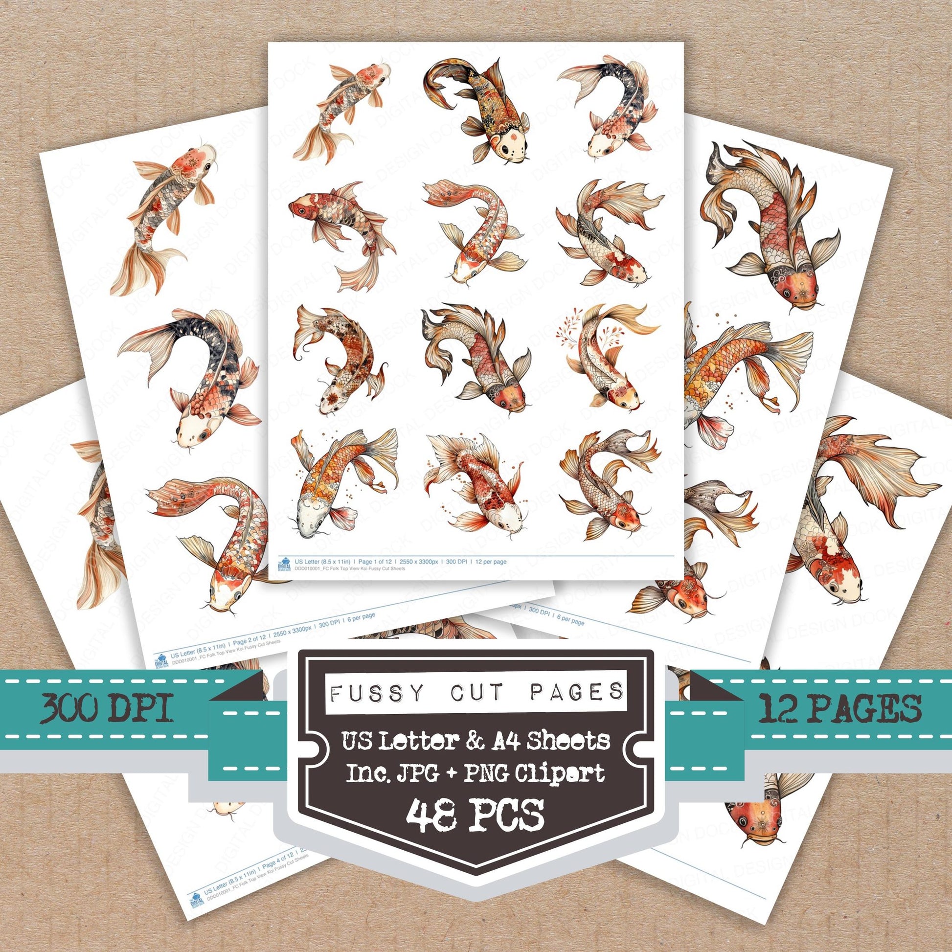 Folk Top View Koi fussy cut printable sheets for junk journaling, scrapbooking, and paper craft projects