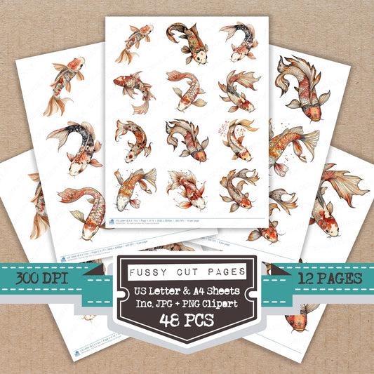 Folk Top View Koi fussy cut printable sheets for junk journaling, scrapbooking, and paper craft projects