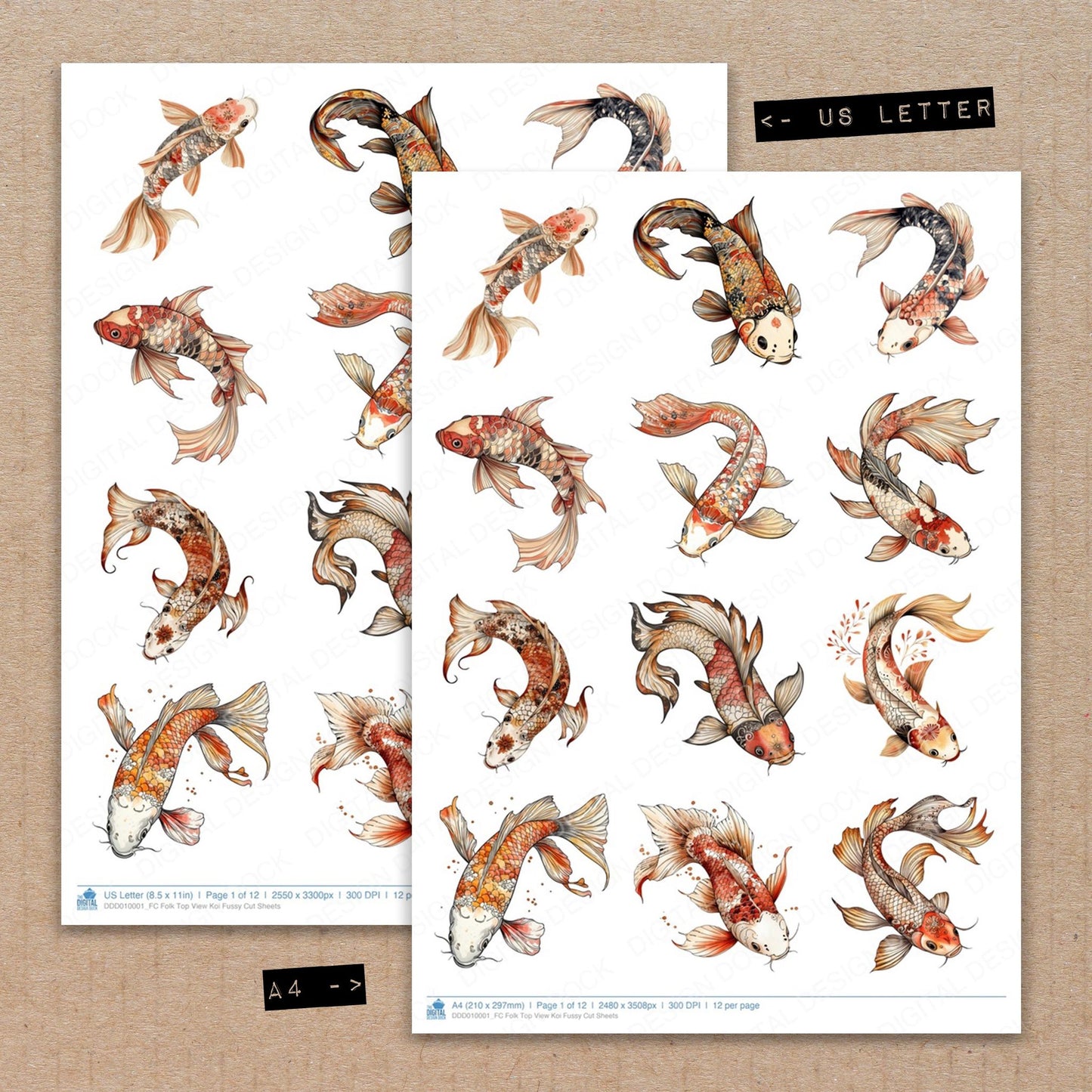 A4 and US Letter format comparison showing Folk Top View Koi fussy cut pages for print and cut crafting