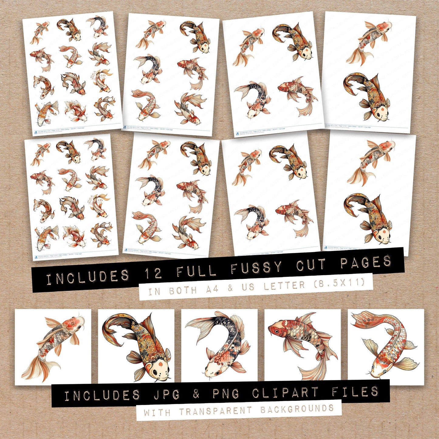 Full collection view of Folk Top View Koi fussy cut sheets with bonus clipart JPG and PNG files