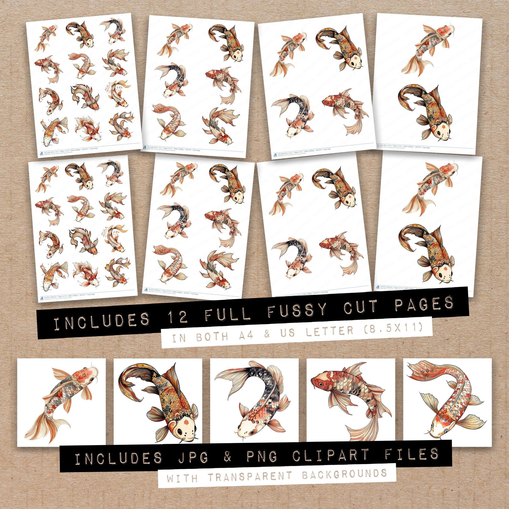 Full collection view of Folk Top View Koi fussy cut sheets with bonus clipart JPG and PNG files