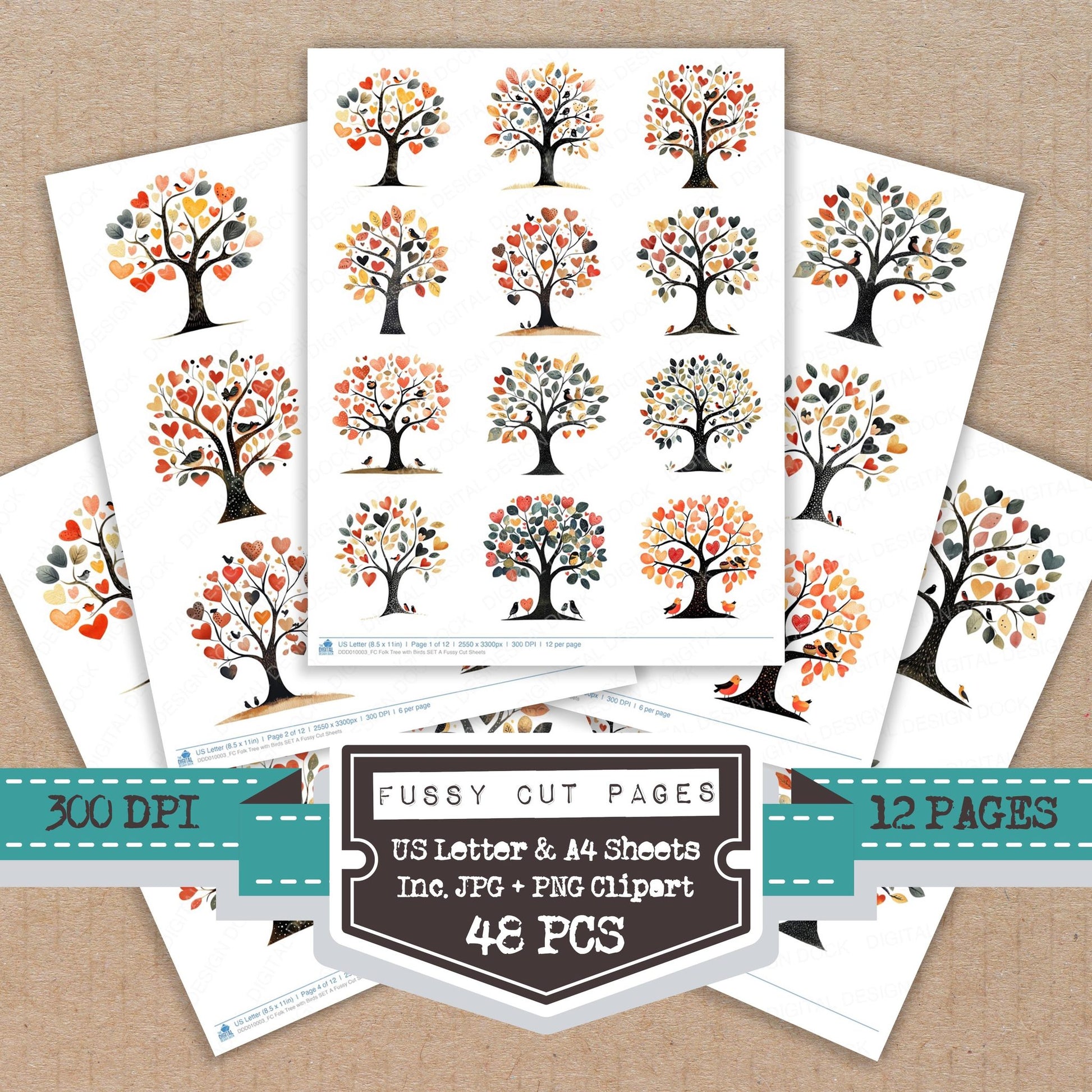 Folk Tree with Birds A fussy cut printable sheets for junk journaling, scrapbooking, and paper craft projects