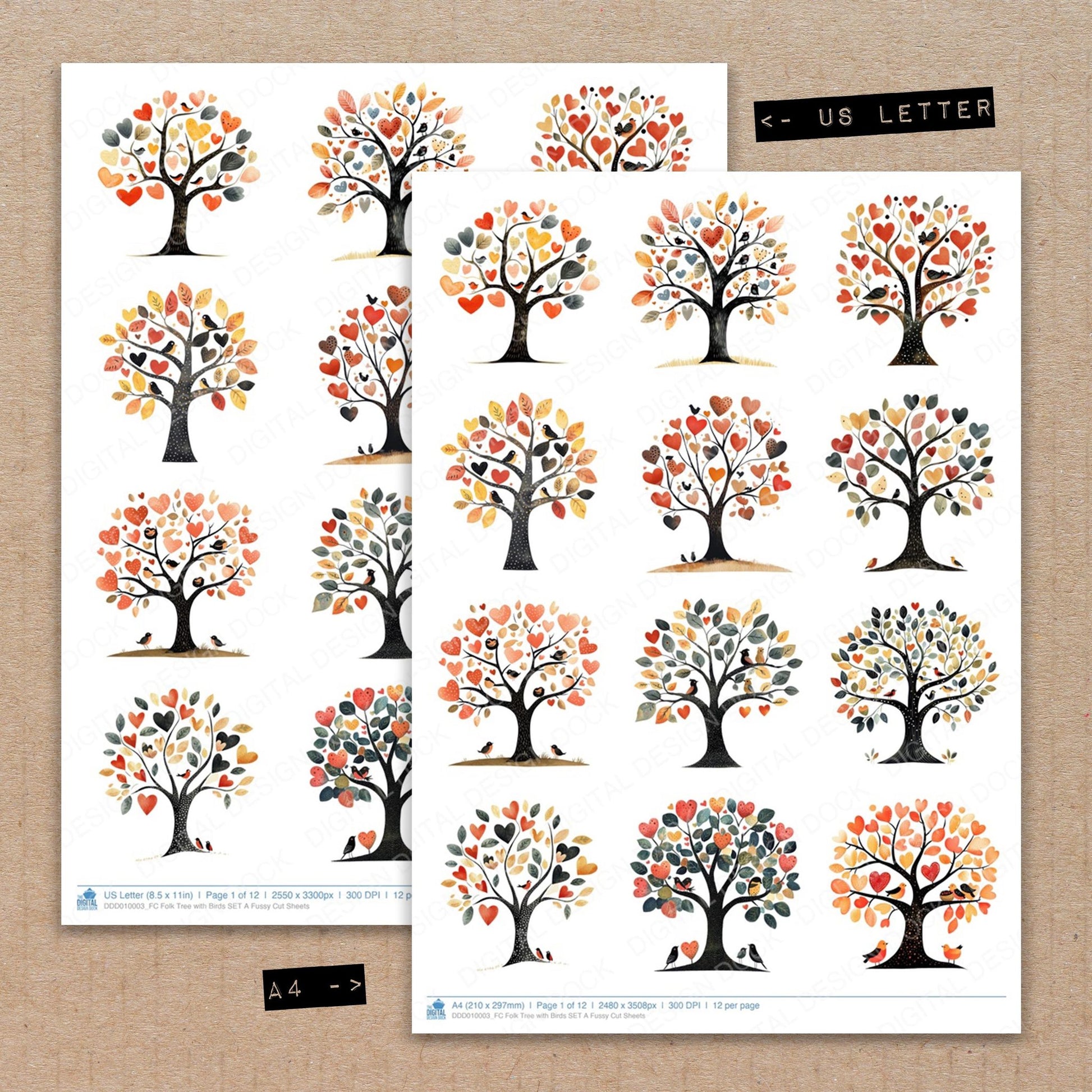 A4 and US Letter format comparison showing Folk Tree with Birds A fussy cut pages for print and cut crafting