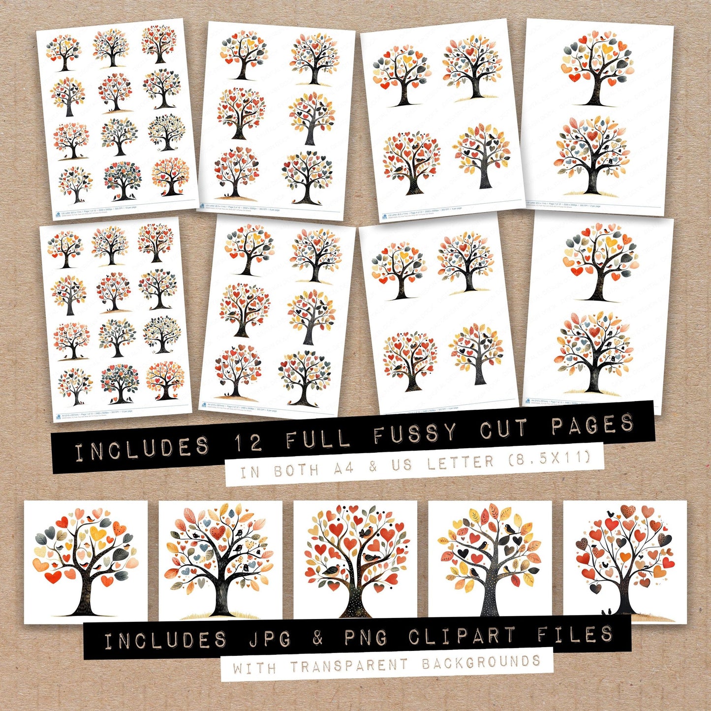 Full collection view of Folk Tree with Birds A fussy cut sheets with bonus clipart JPG and PNG files