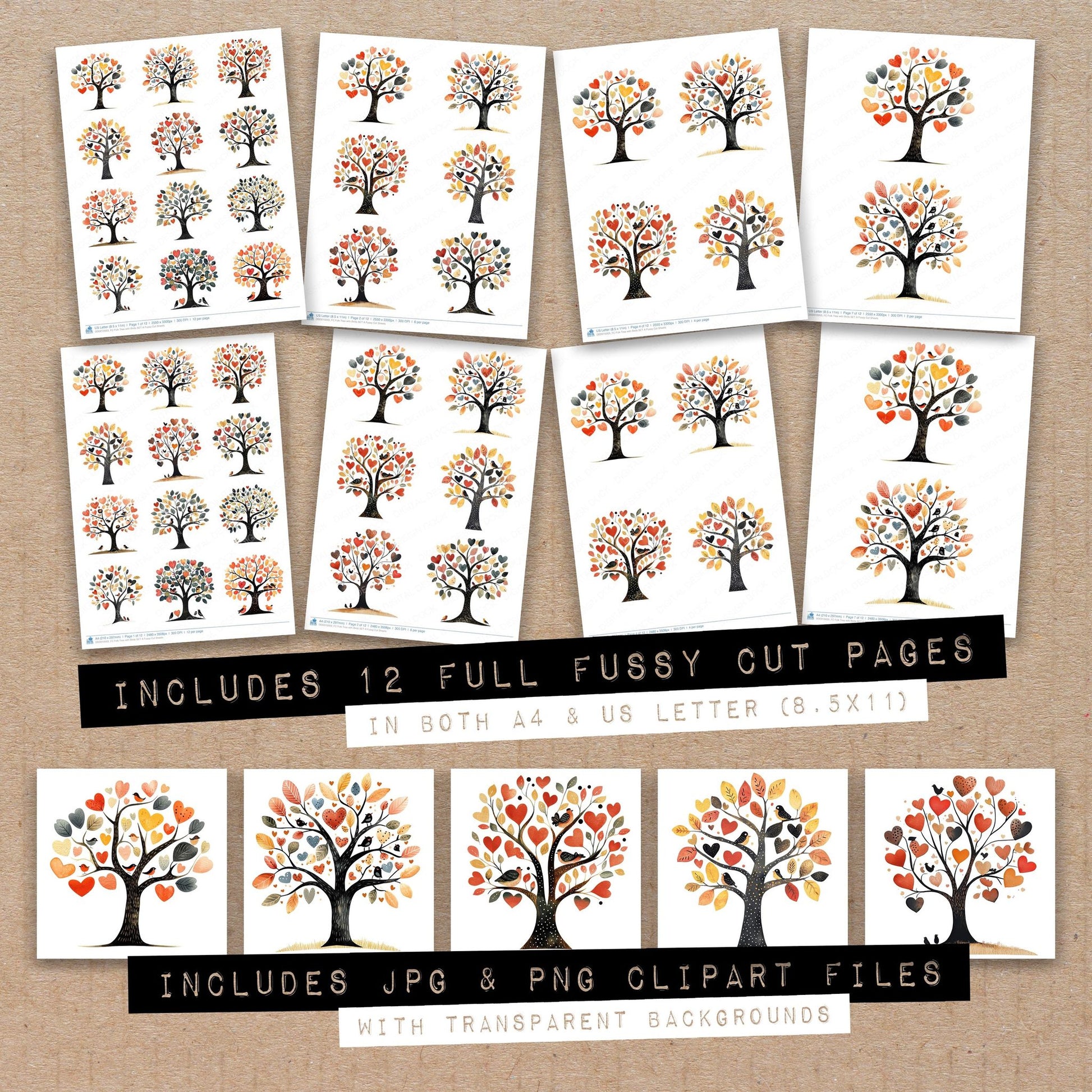 Full collection view of Folk Tree with Birds A fussy cut sheets with bonus clipart JPG and PNG files