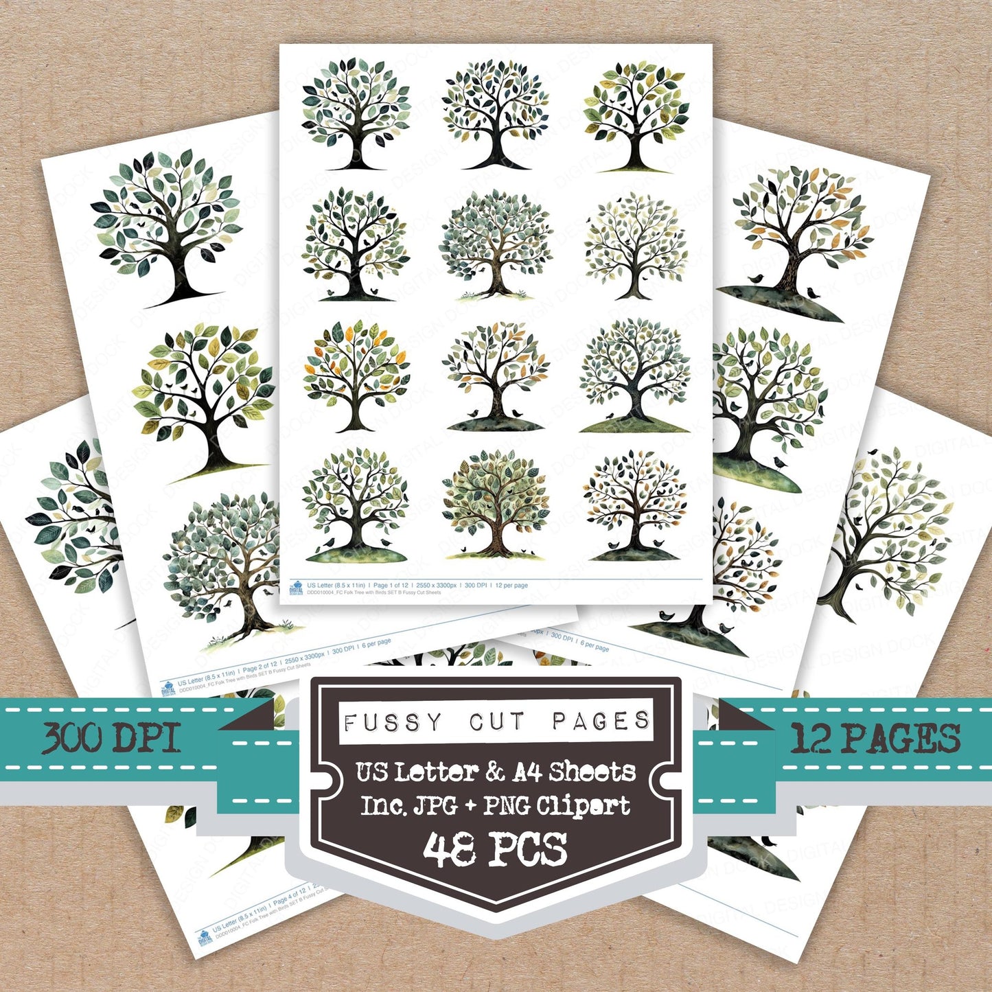 Folk Tree with Birds B fussy cut printable sheets for junk journaling, scrapbooking, and paper craft projects