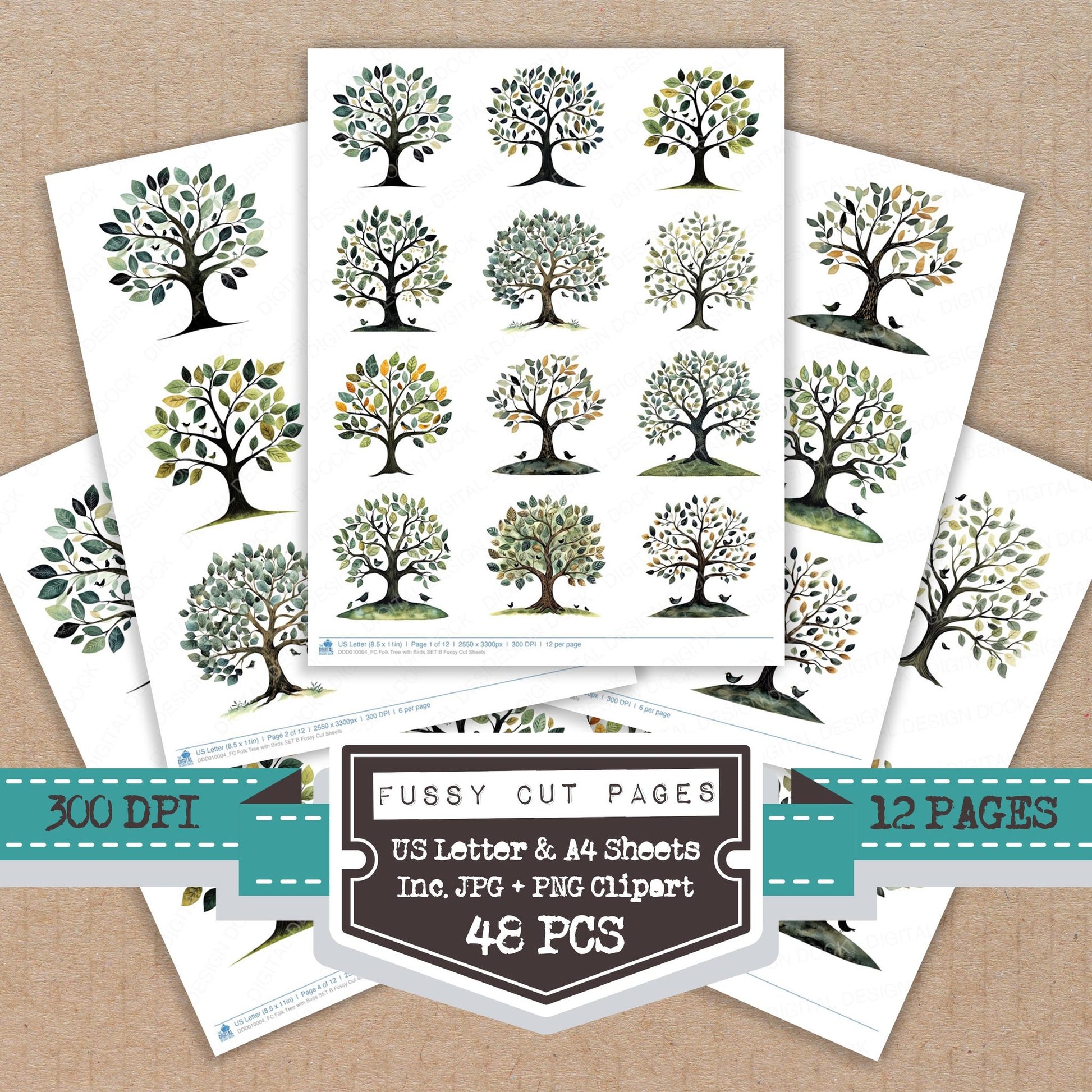 Folk Tree with Birds B fussy cut printable sheets for junk journaling, scrapbooking, and paper craft projects