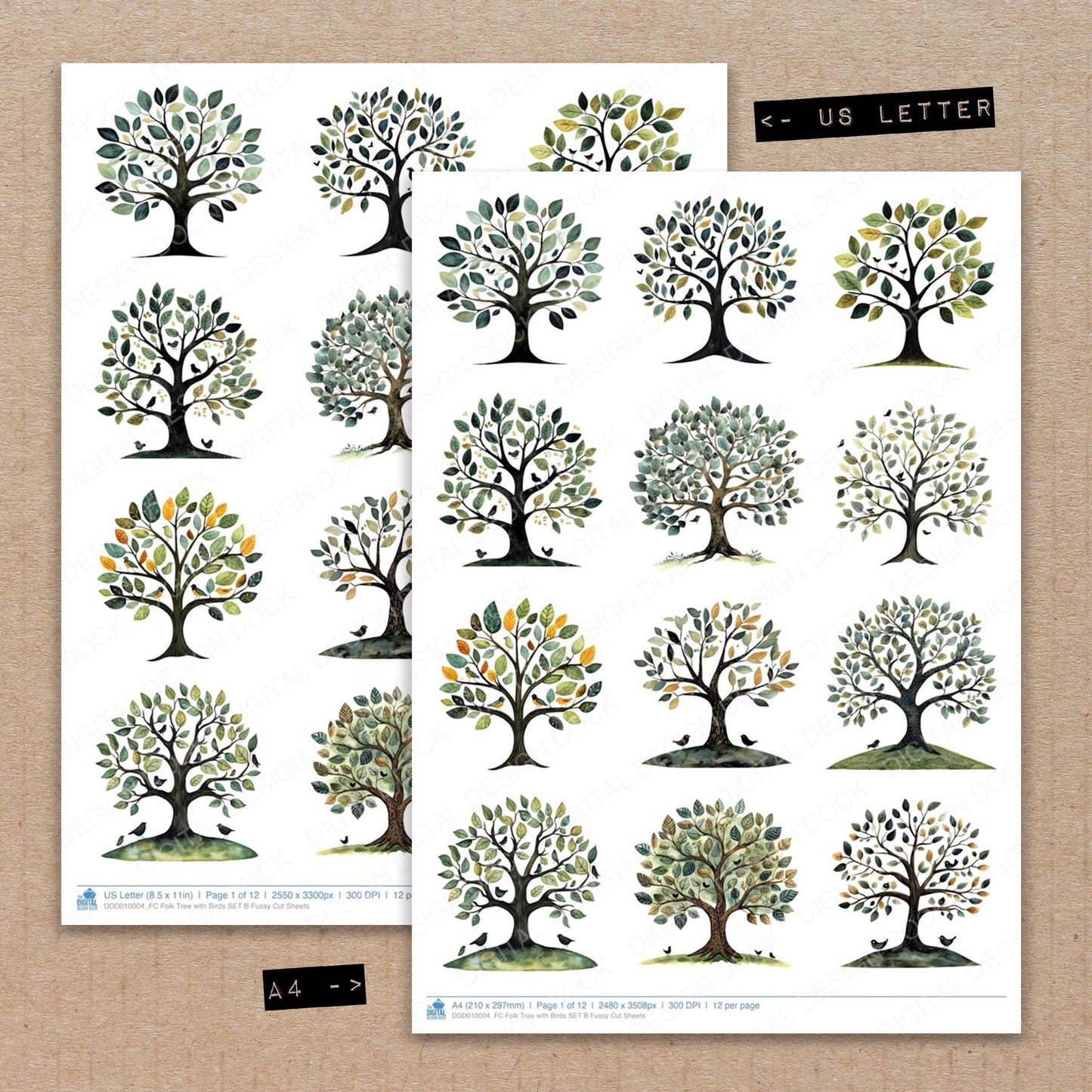 A4 and US Letter format comparison showing Folk Tree with Birds B fussy cut pages for print and cut crafting
