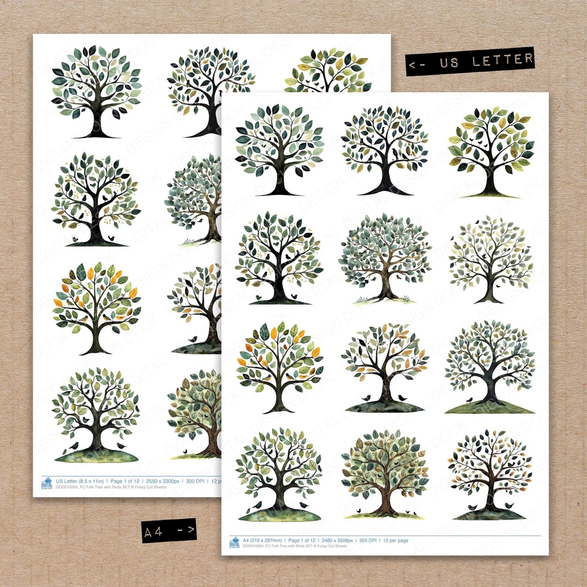A4 and US Letter format comparison showing Folk Tree with Birds B fussy cut pages for print and cut crafting