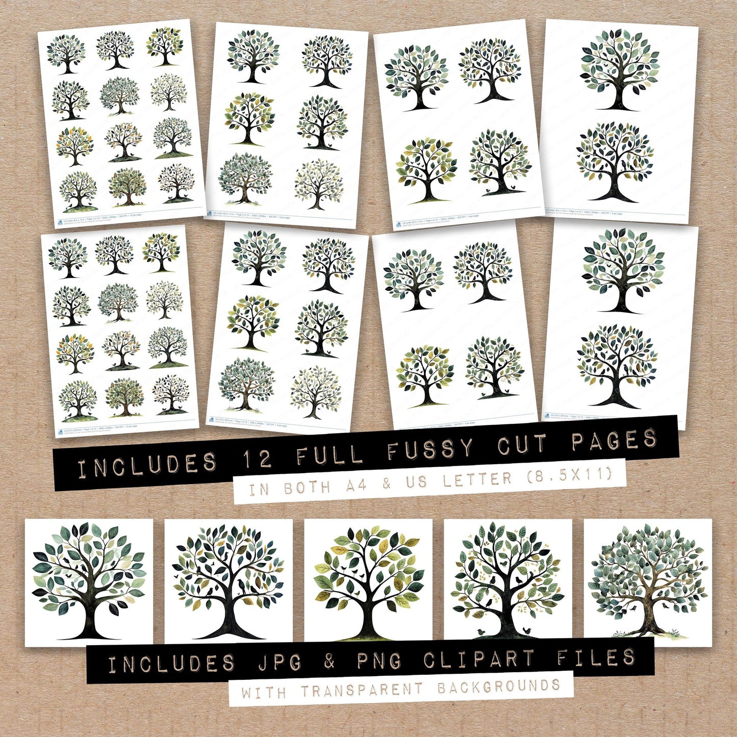 Full collection view of Folk Tree with Birds B fussy cut sheets with bonus clipart JPG and PNG files
