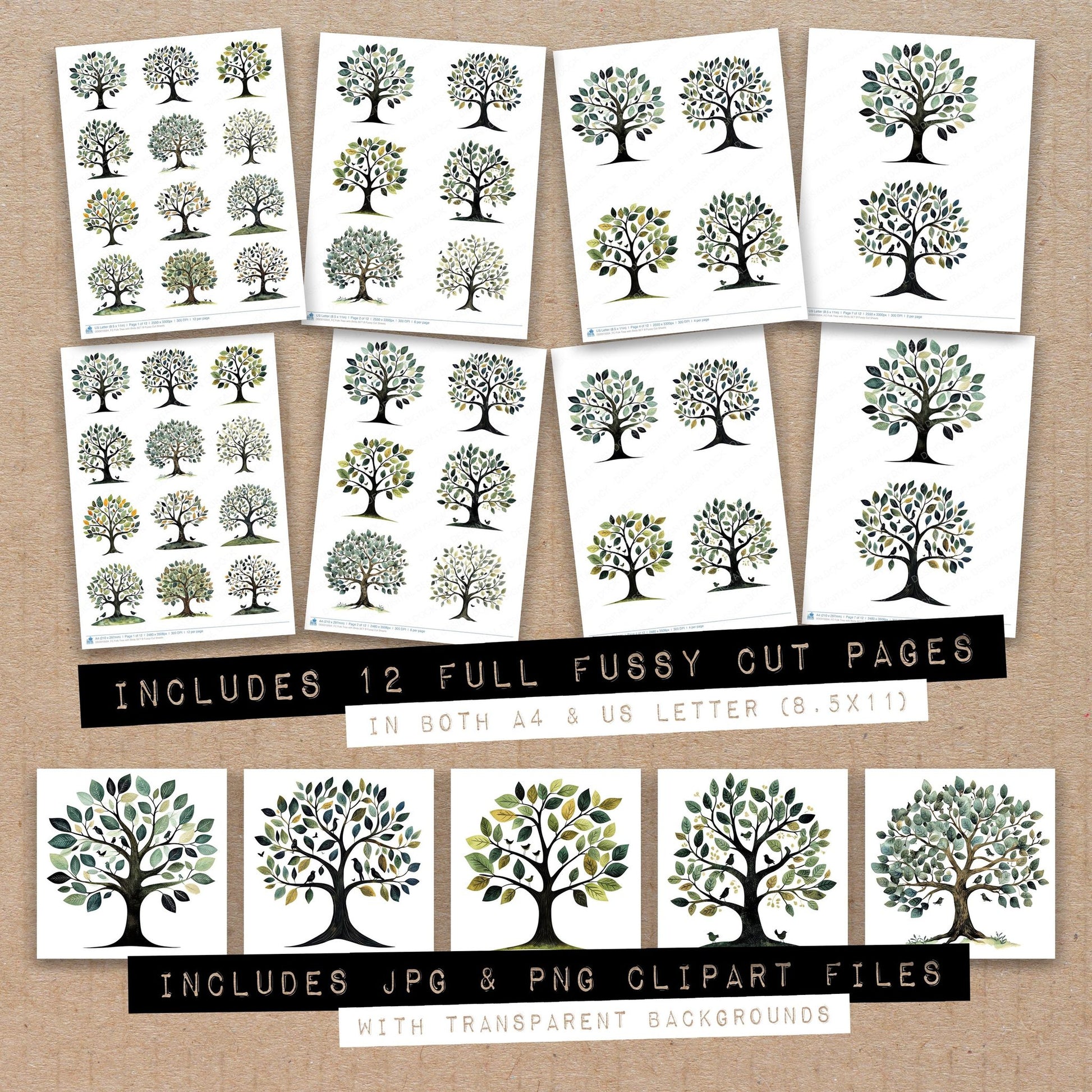 Full collection view of Folk Tree with Birds B fussy cut sheets with bonus clipart JPG and PNG files