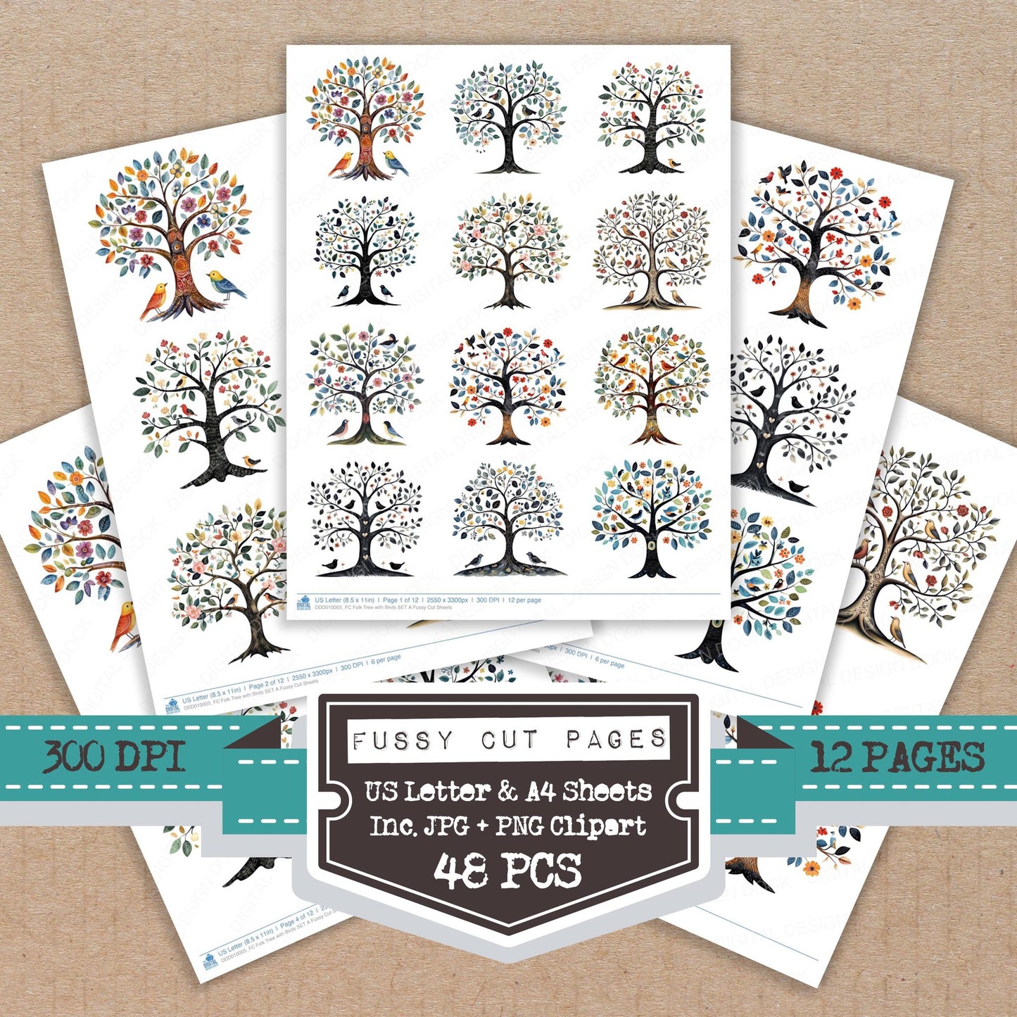 Folk Tree with Birds A fussy cut printable sheets for junk journaling, scrapbooking, and paper craft projects