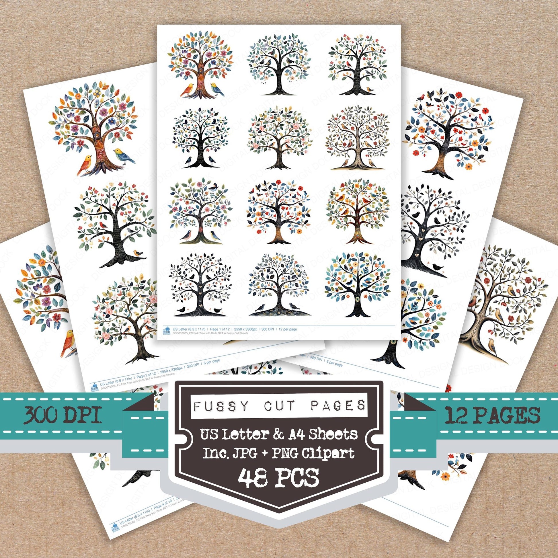 Folk Tree with Birds A fussy cut printable sheets for junk journaling, scrapbooking, and paper craft projects