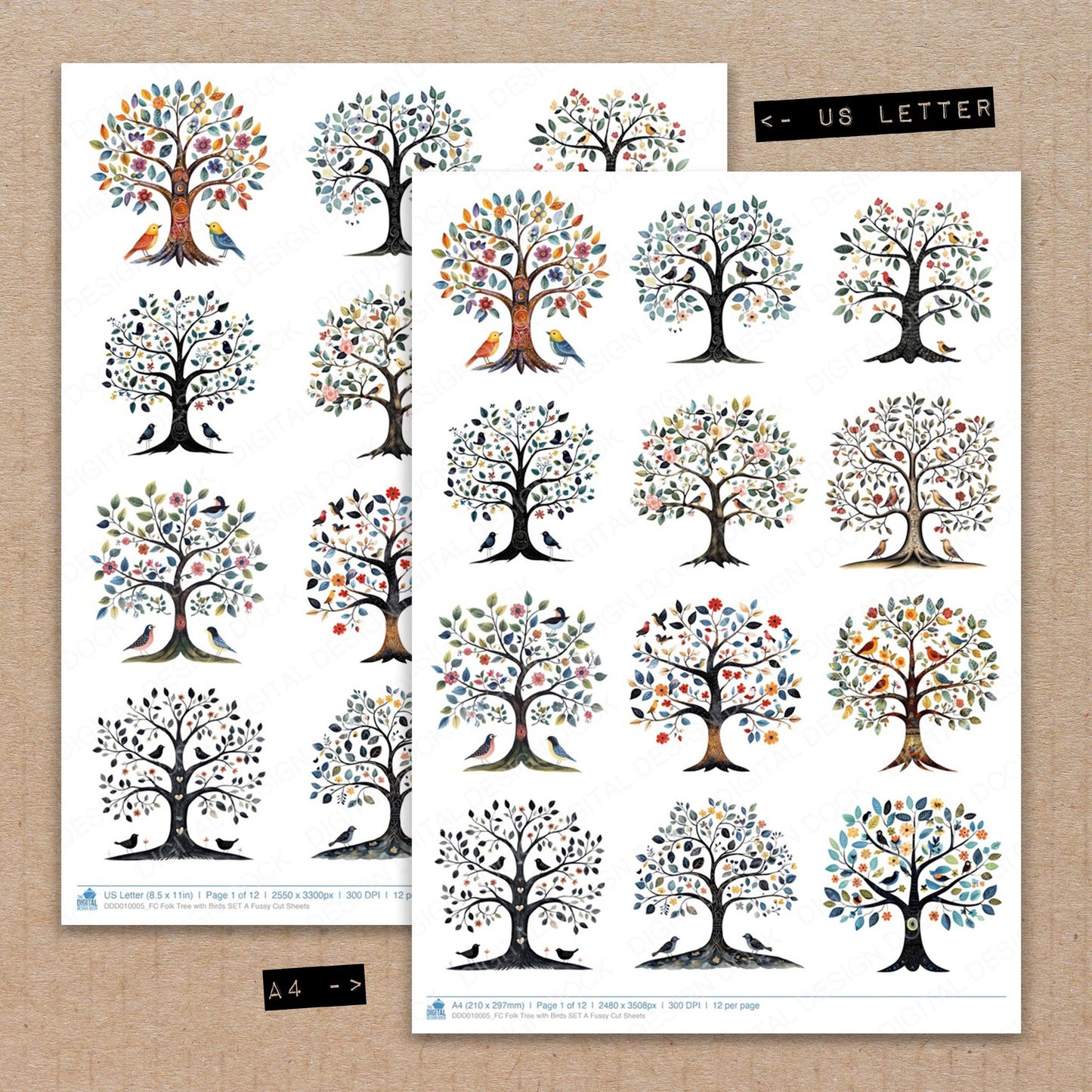 A4 and US Letter format comparison showing Folk Tree with Birds A fussy cut pages for print and cut crafting