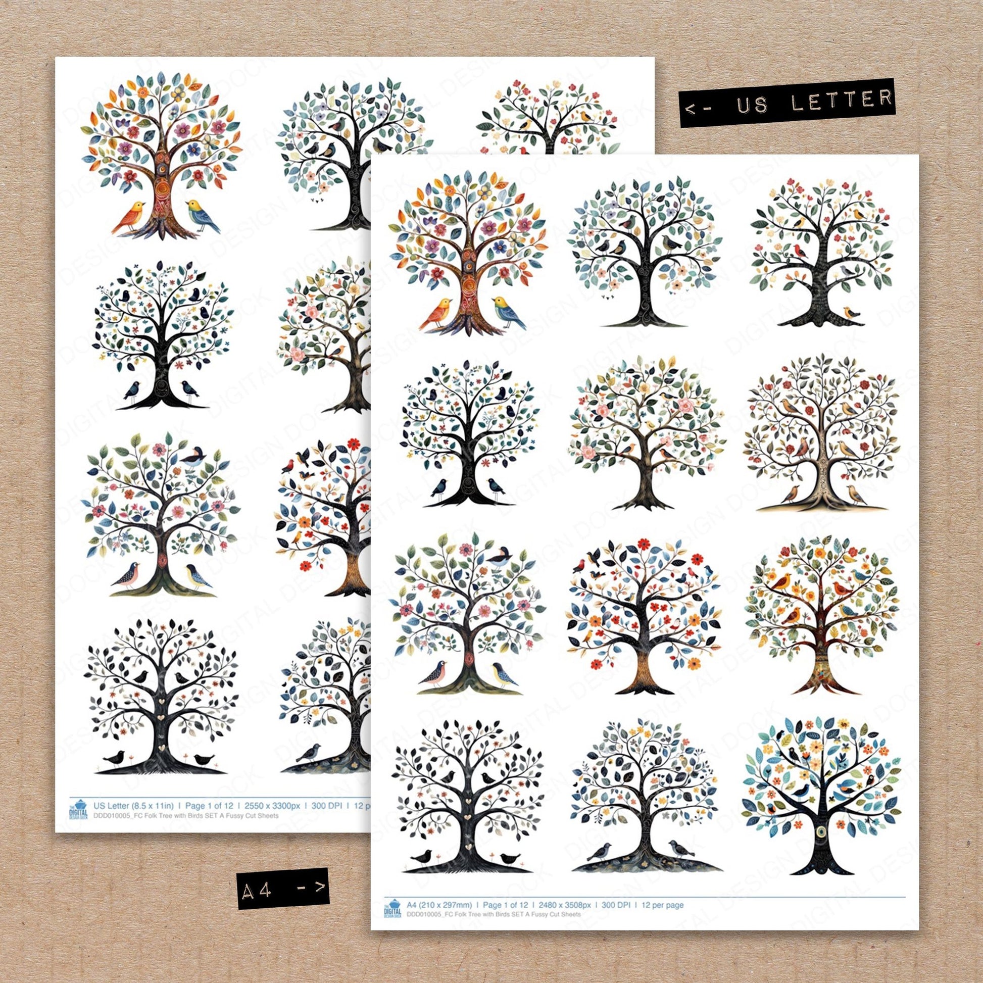 A4 and US Letter format comparison showing Folk Tree with Birds A fussy cut pages for print and cut crafting