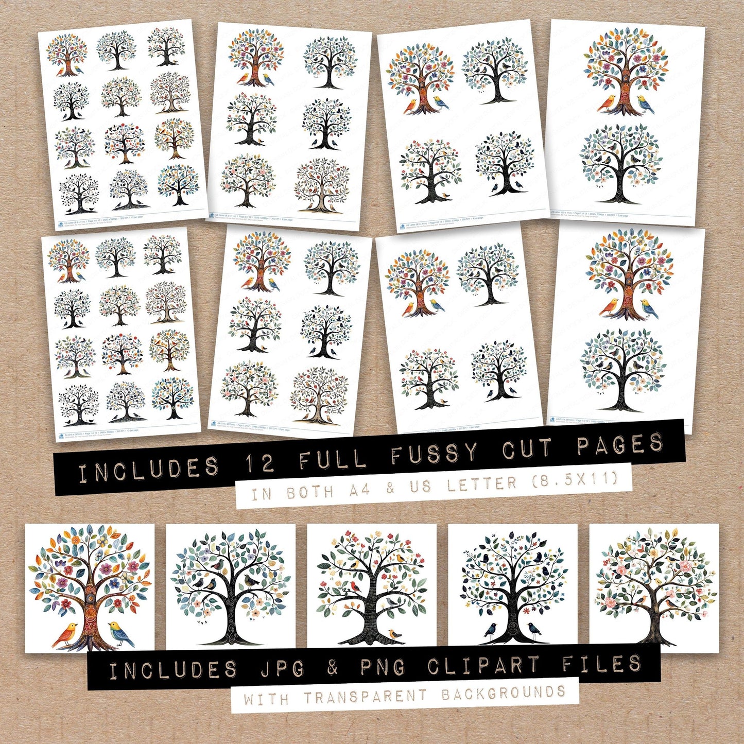 Full collection view of Folk Tree with Birds A fussy cut sheets with bonus clipart JPG and PNG files