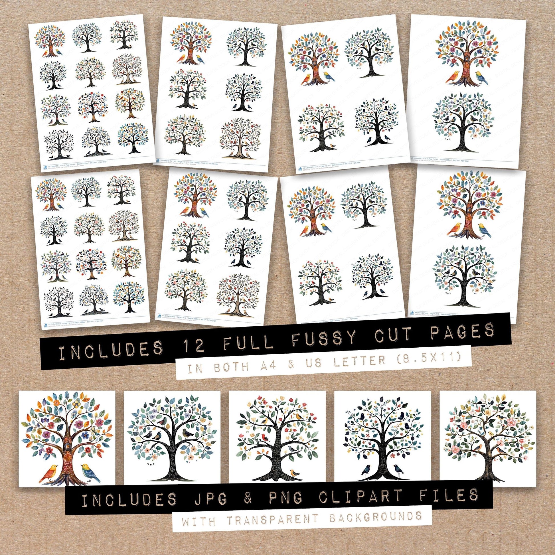 Full collection view of Folk Tree with Birds A fussy cut sheets with bonus clipart JPG and PNG files