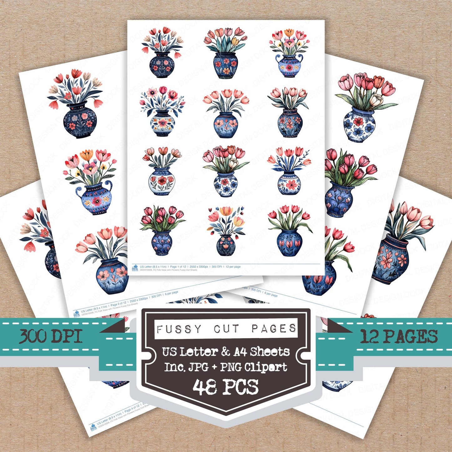 Folk Vase with Flowers fussy cut printable sheets for junk journaling, scrapbooking, and paper craft projects