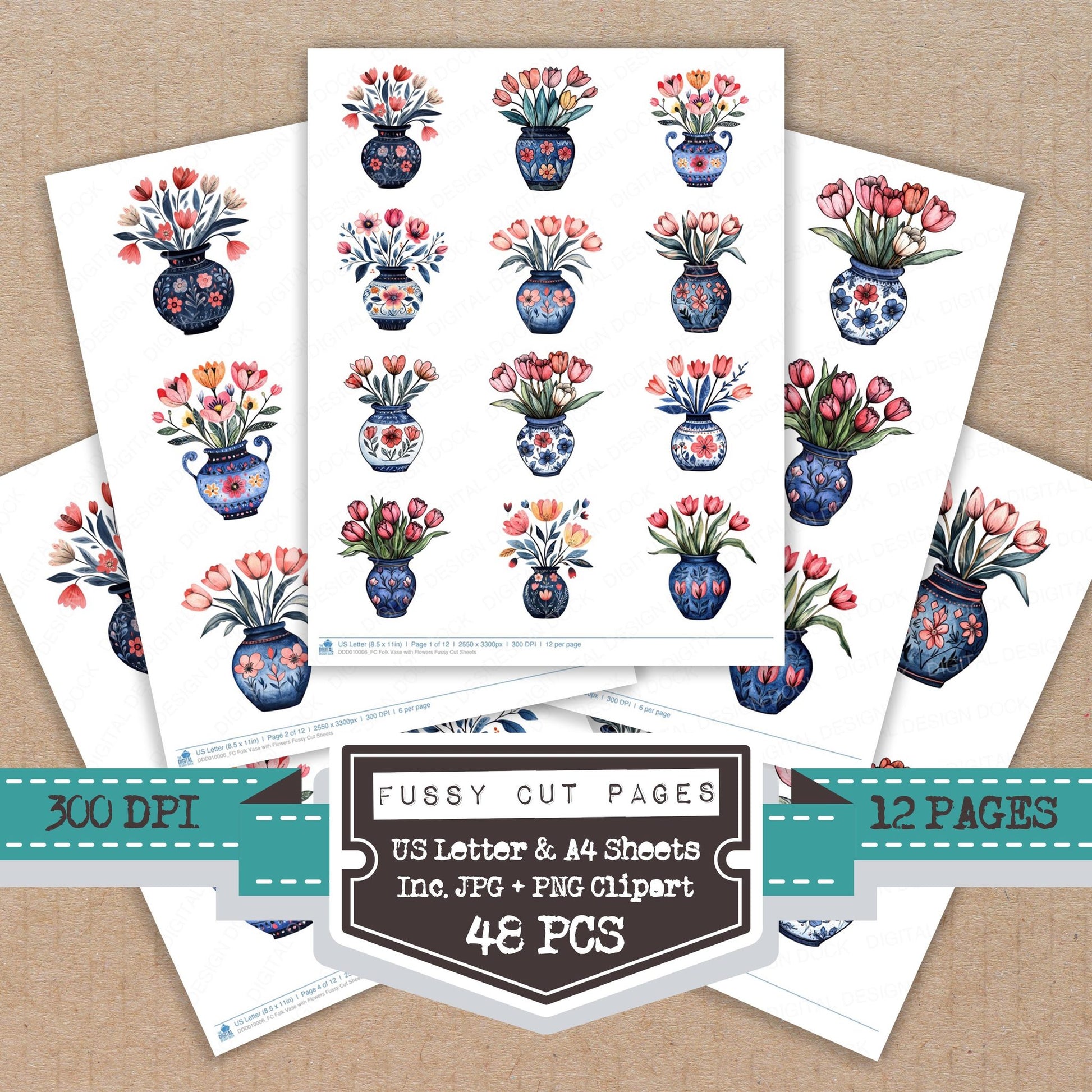 Folk Vase with Flowers fussy cut printable sheets for junk journaling, scrapbooking, and paper craft projects