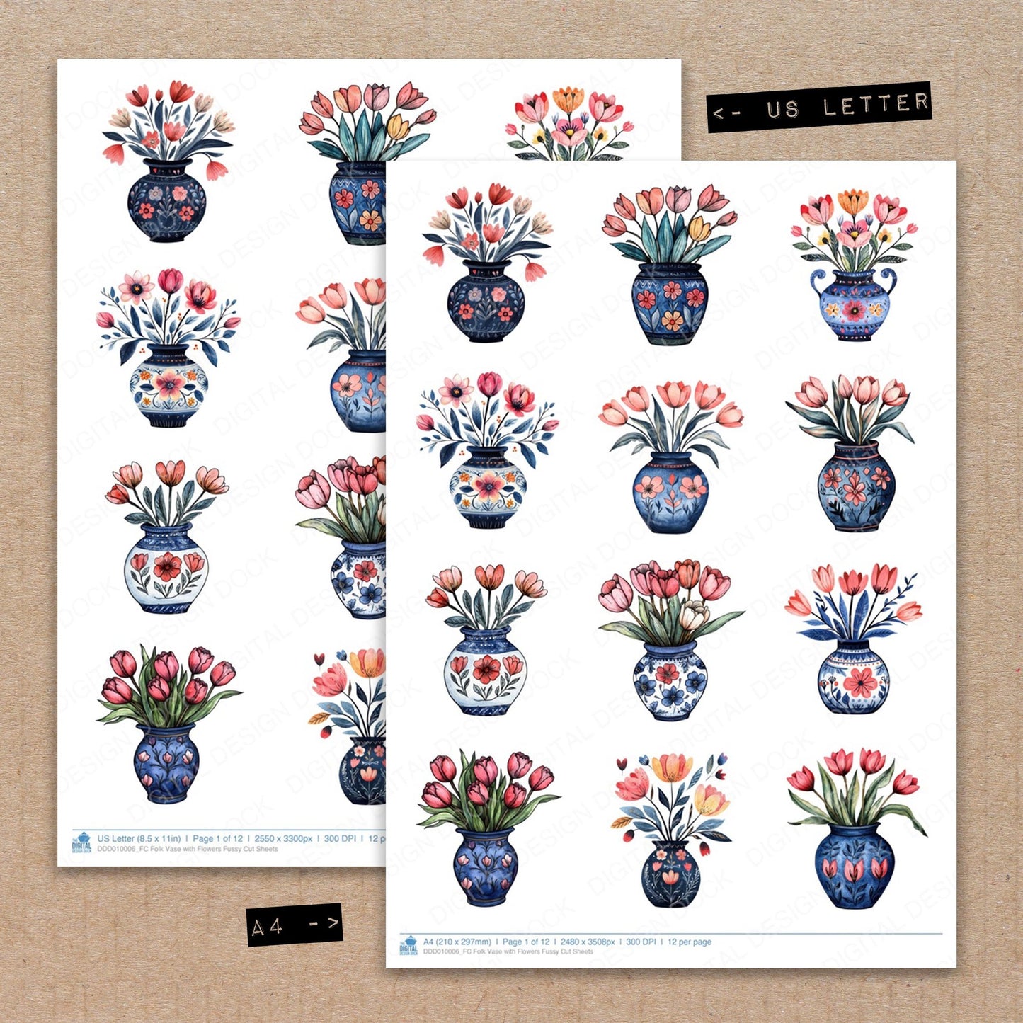 A4 and US Letter format comparison showing Folk Vase with Flowers fussy cut pages for print and cut crafting