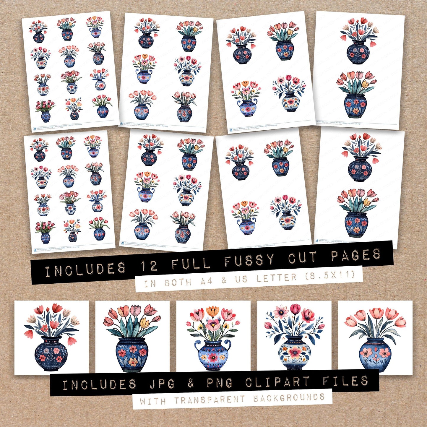 Full collection view of Folk Vase with Flowers fussy cut sheets with bonus clipart JPG and PNG files