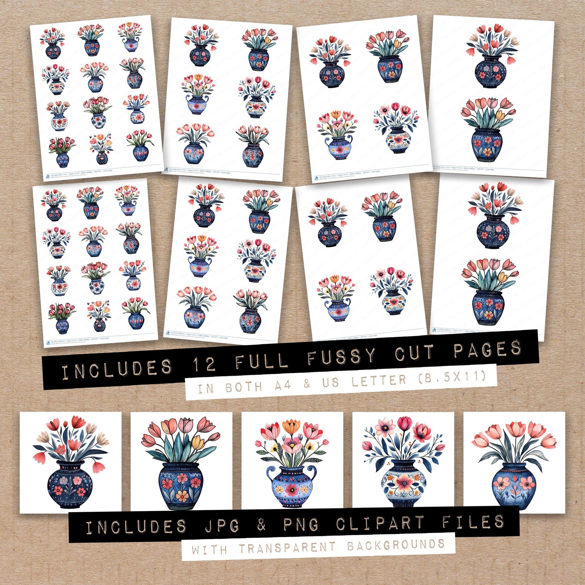 Full collection view of Folk Vase with Flowers fussy cut sheets with bonus clipart JPG and PNG files