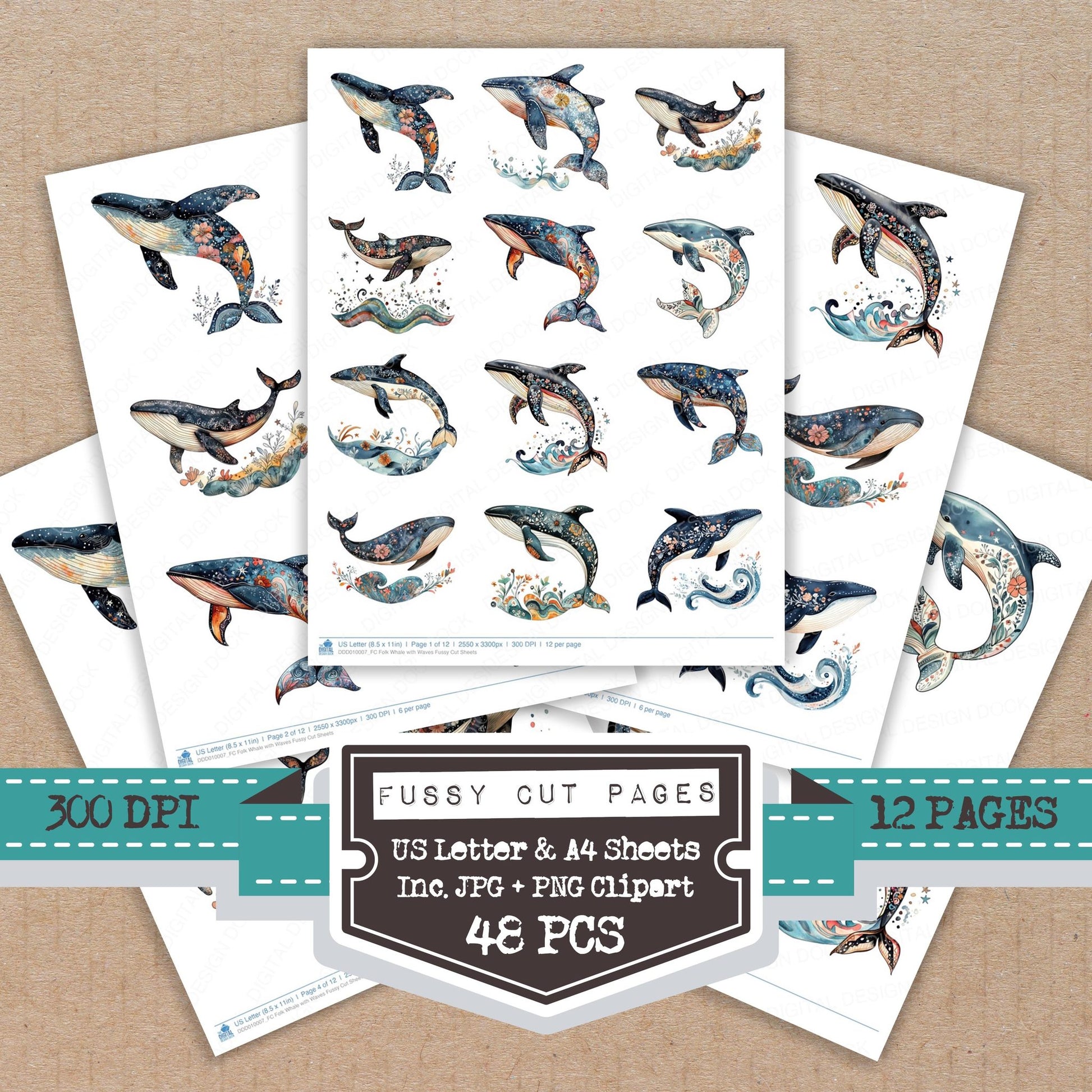 Folk Whale with Waves fussy cut printable sheets for junk journaling, scrapbooking, and paper craft projects