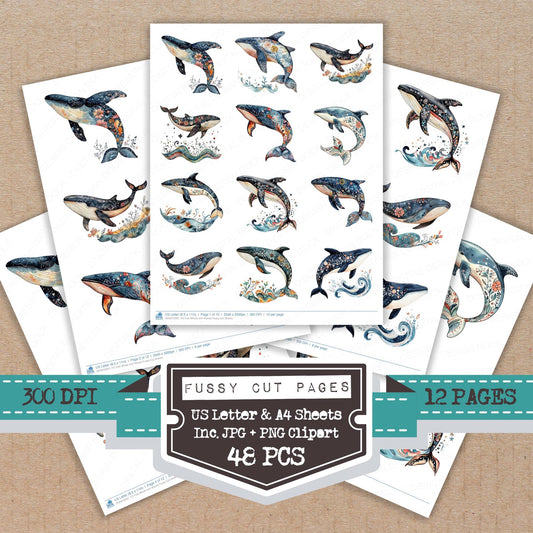 Folk Whale with Waves fussy cut printable sheets for junk journaling, scrapbooking, and paper craft projects