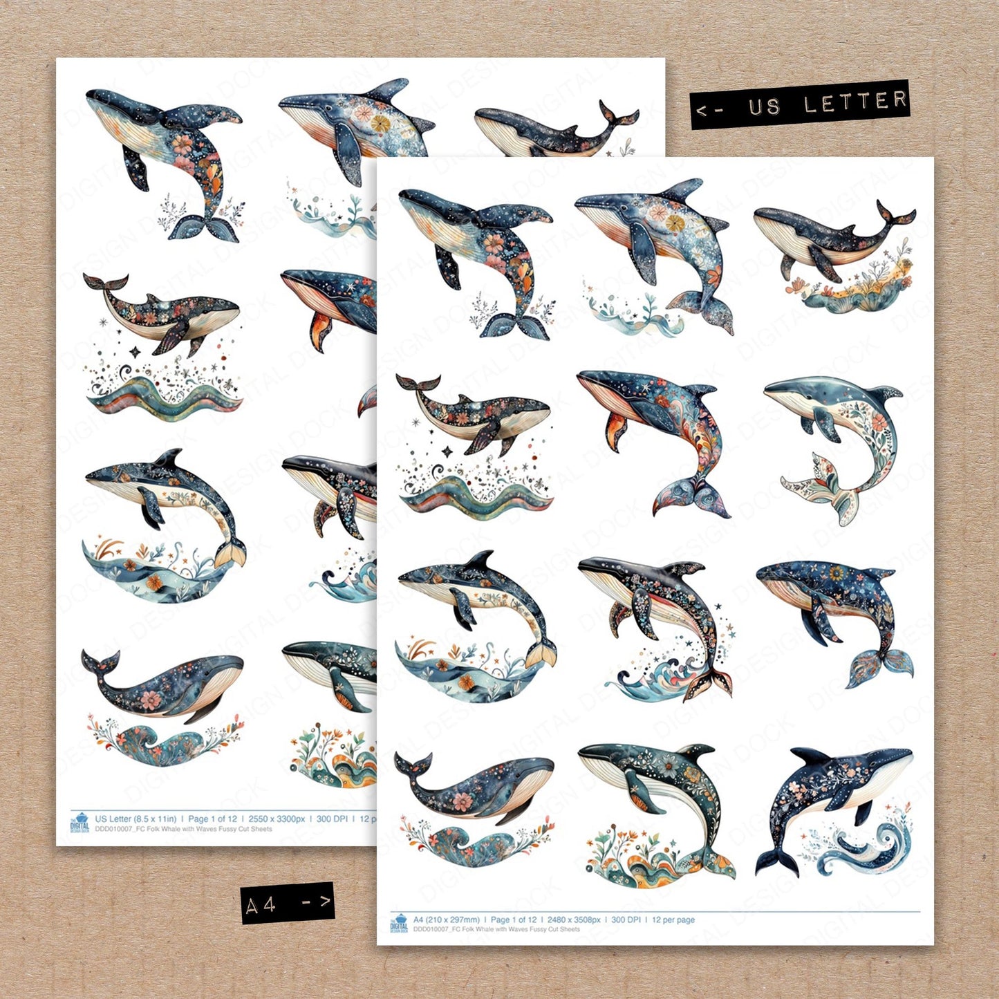 A4 and US Letter format comparison showing Folk Whale with Waves fussy cut pages for print and cut crafting