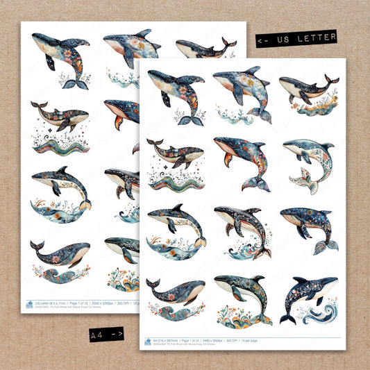 A4 and US Letter format comparison showing Folk Whale with Waves fussy cut pages for print and cut crafting