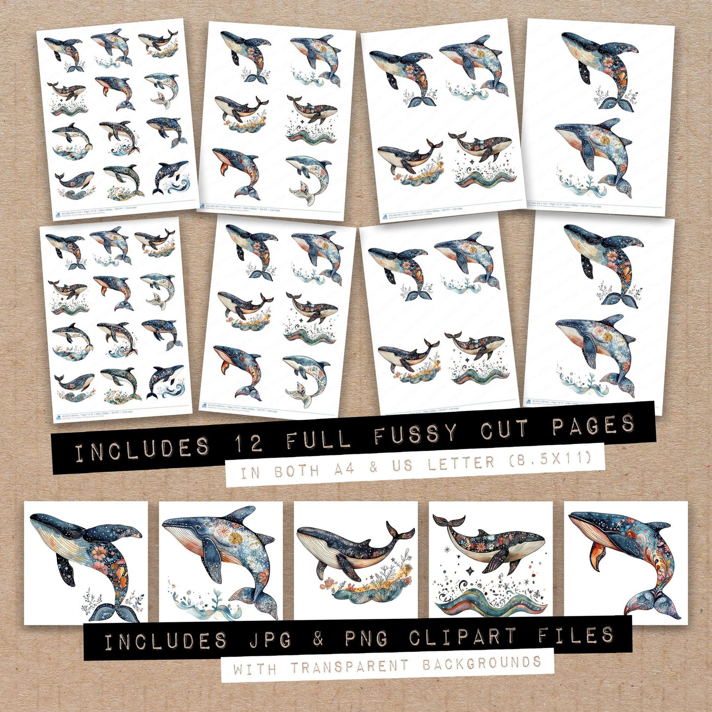 Full collection view of Folk Whale with Waves fussy cut sheets with bonus clipart JPG and PNG files