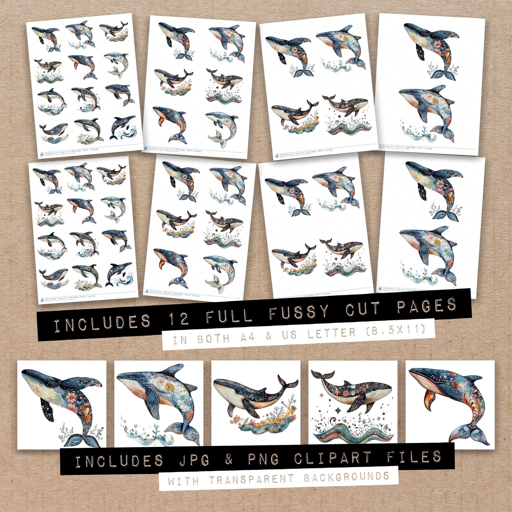 Full collection view of Folk Whale with Waves fussy cut sheets with bonus clipart JPG and PNG files