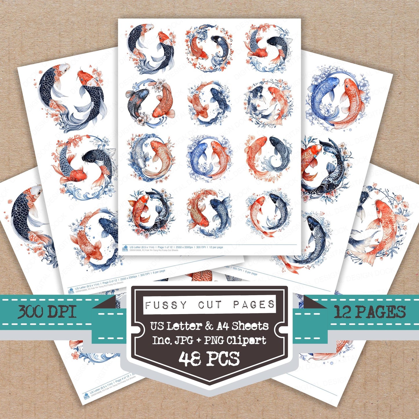 Folk Yin Yang Koi fussy cut printable sheets for junk journaling, scrapbooking, and paper craft projects