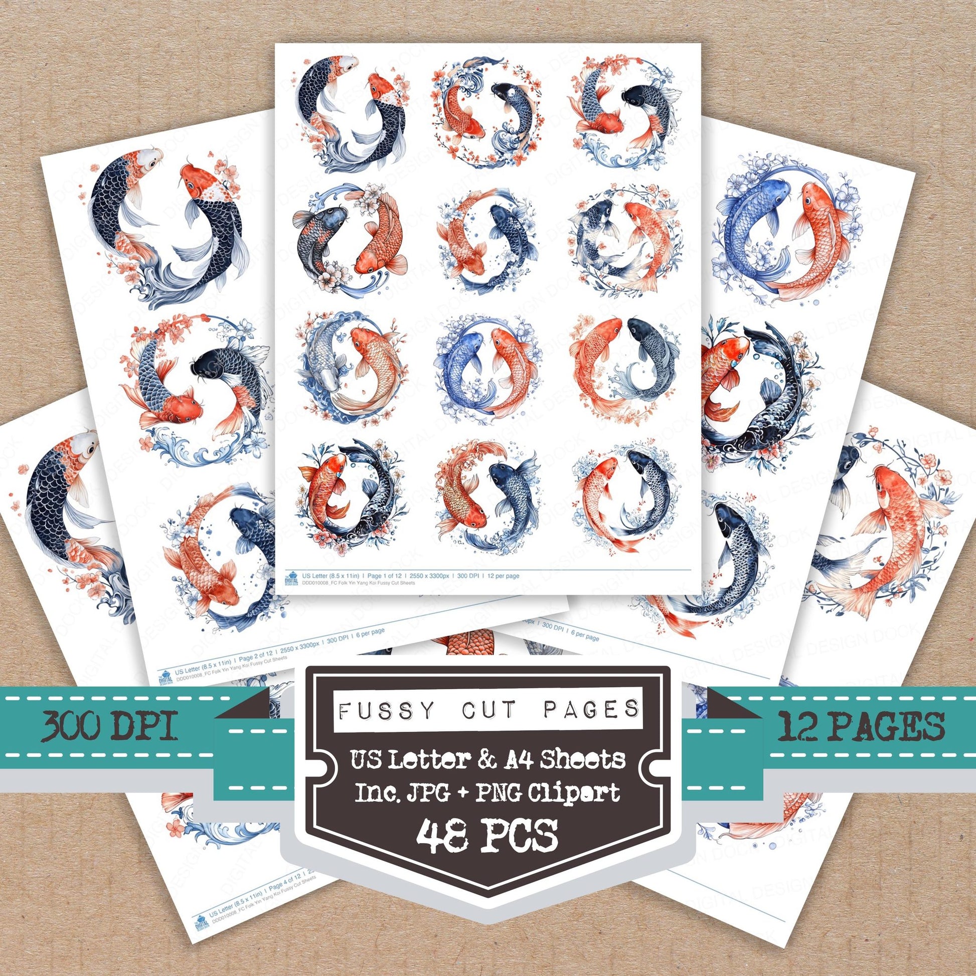 Folk Yin Yang Koi fussy cut printable sheets for junk journaling, scrapbooking, and paper craft projects