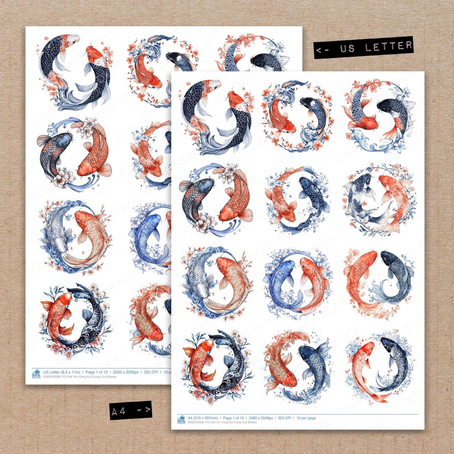 A4 and US Letter format comparison showing Folk Yin Yang Koi fussy cut pages for print and cut crafting