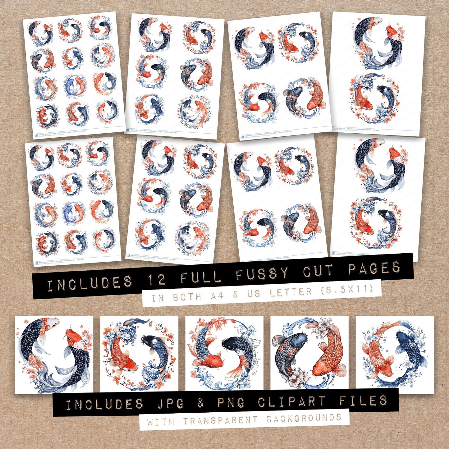 Full collection view of Folk Yin Yang Koi fussy cut sheets with bonus clipart JPG and PNG files