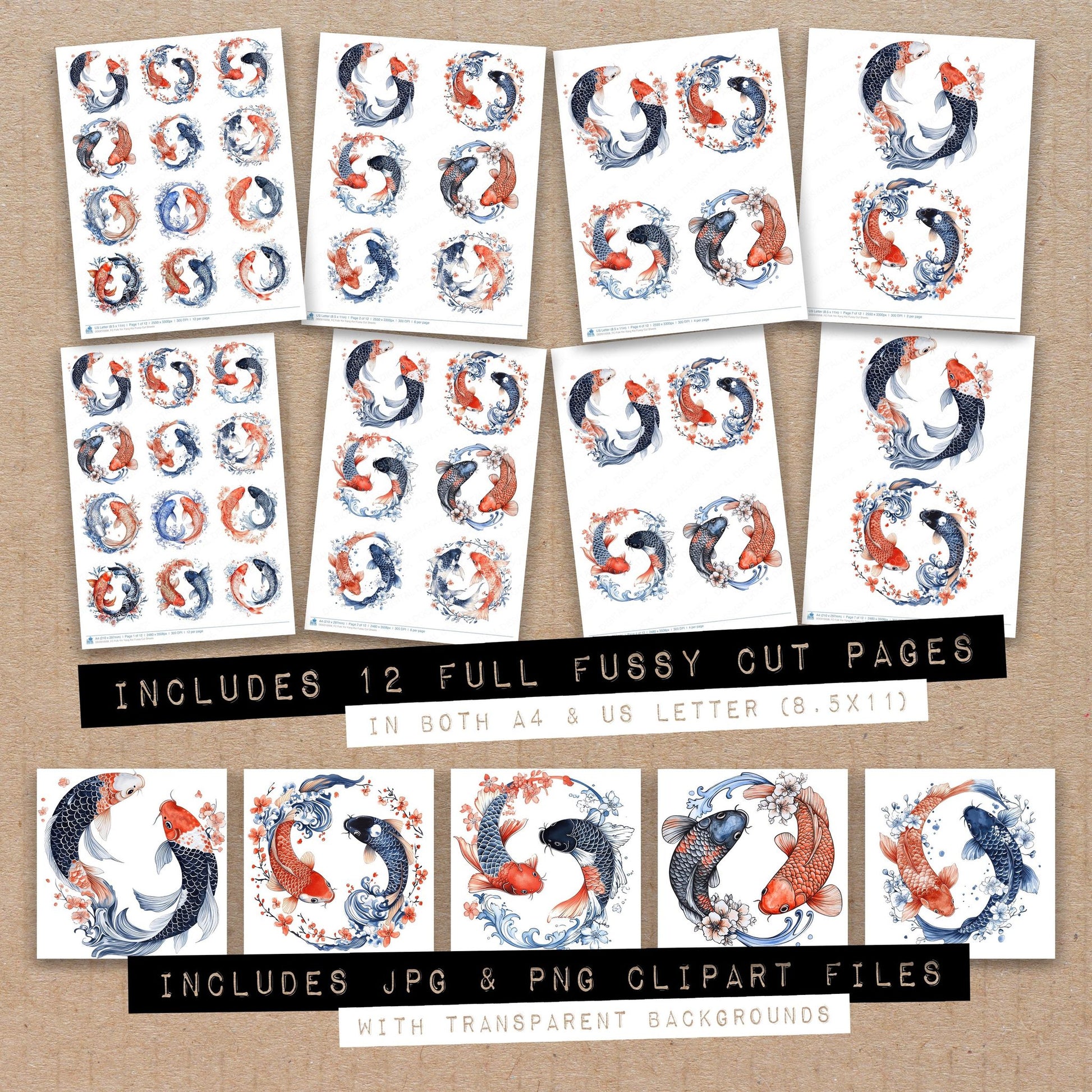 Full collection view of Folk Yin Yang Koi fussy cut sheets with bonus clipart JPG and PNG files