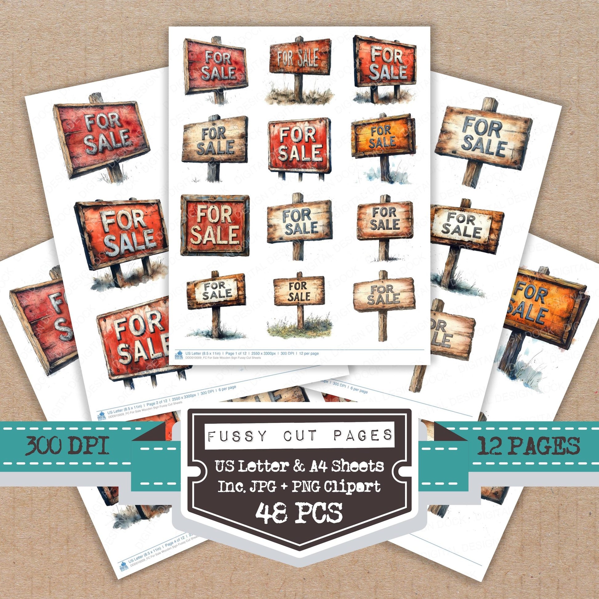 For Sale Wooden Sign fussy cut printable sheets for junk journaling, scrapbooking, and paper craft projects