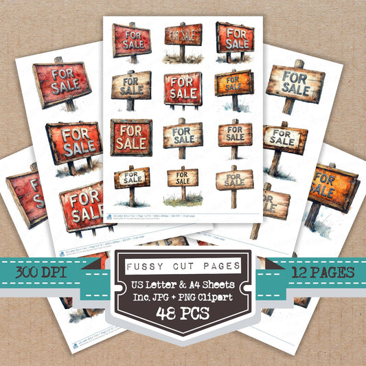 For Sale Wooden Sign fussy cut printable sheets for junk journaling, scrapbooking, and paper craft projects