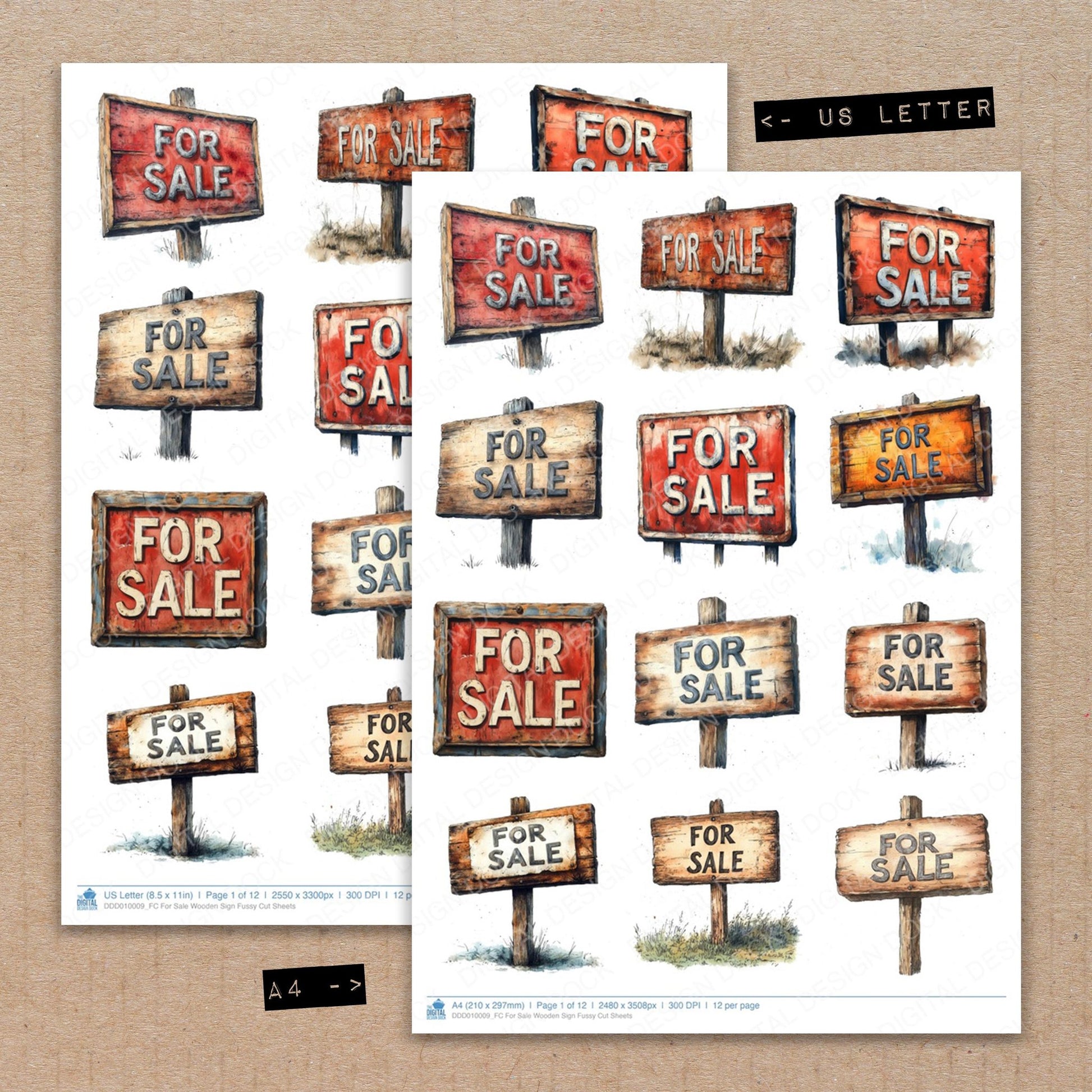 A4 and US Letter format comparison showing For Sale Wooden Sign fussy cut pages for print and cut crafting