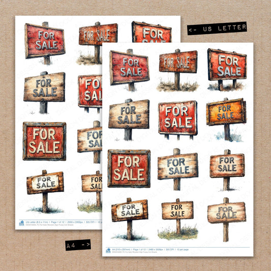 A4 and US Letter format comparison showing For Sale Wooden Sign fussy cut pages for print and cut crafting