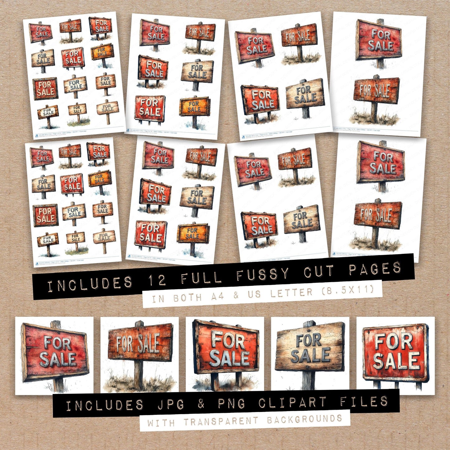 Full collection view of For Sale Wooden Sign fussy cut sheets with bonus clipart JPG and PNG files