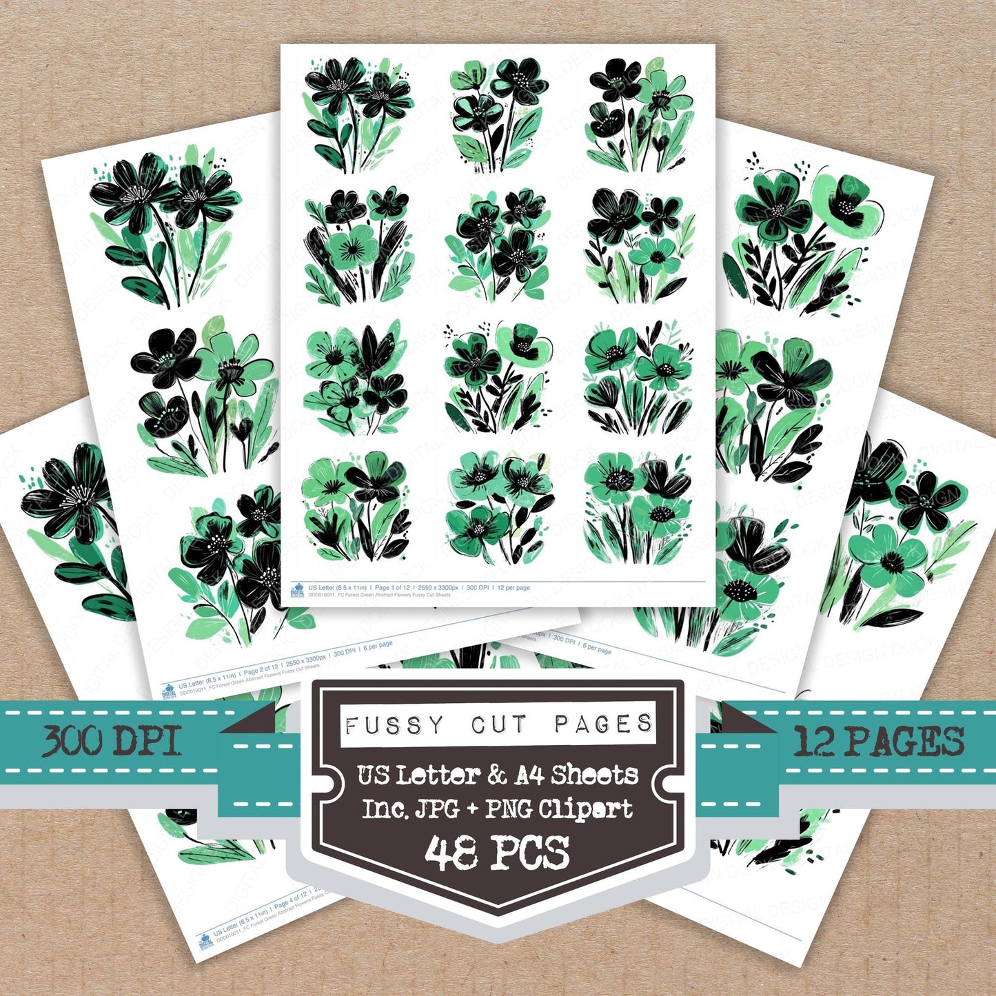Forest Green Abstract Flowers Fussy Cut Sheets (DDD010011)