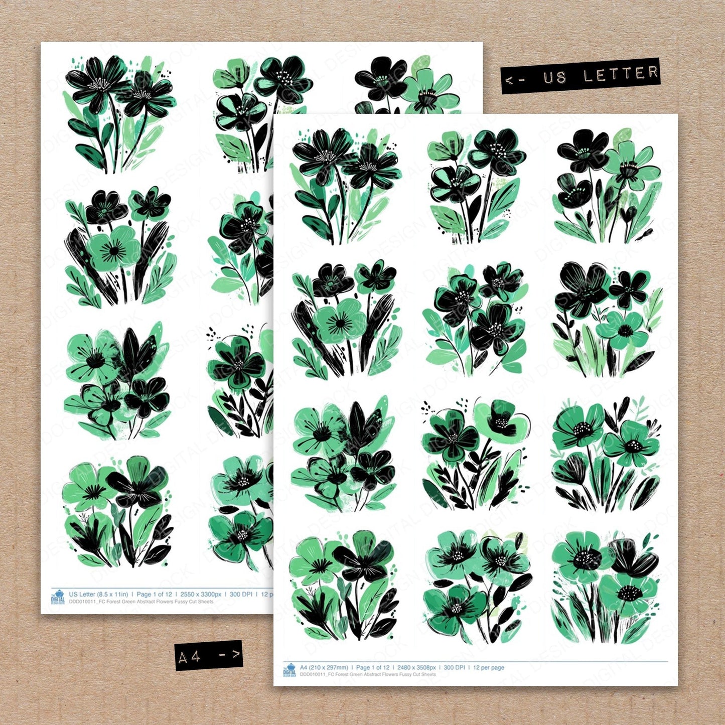Forest Green Abstract Flowers Fussy Cut Sheets (DDD010011)