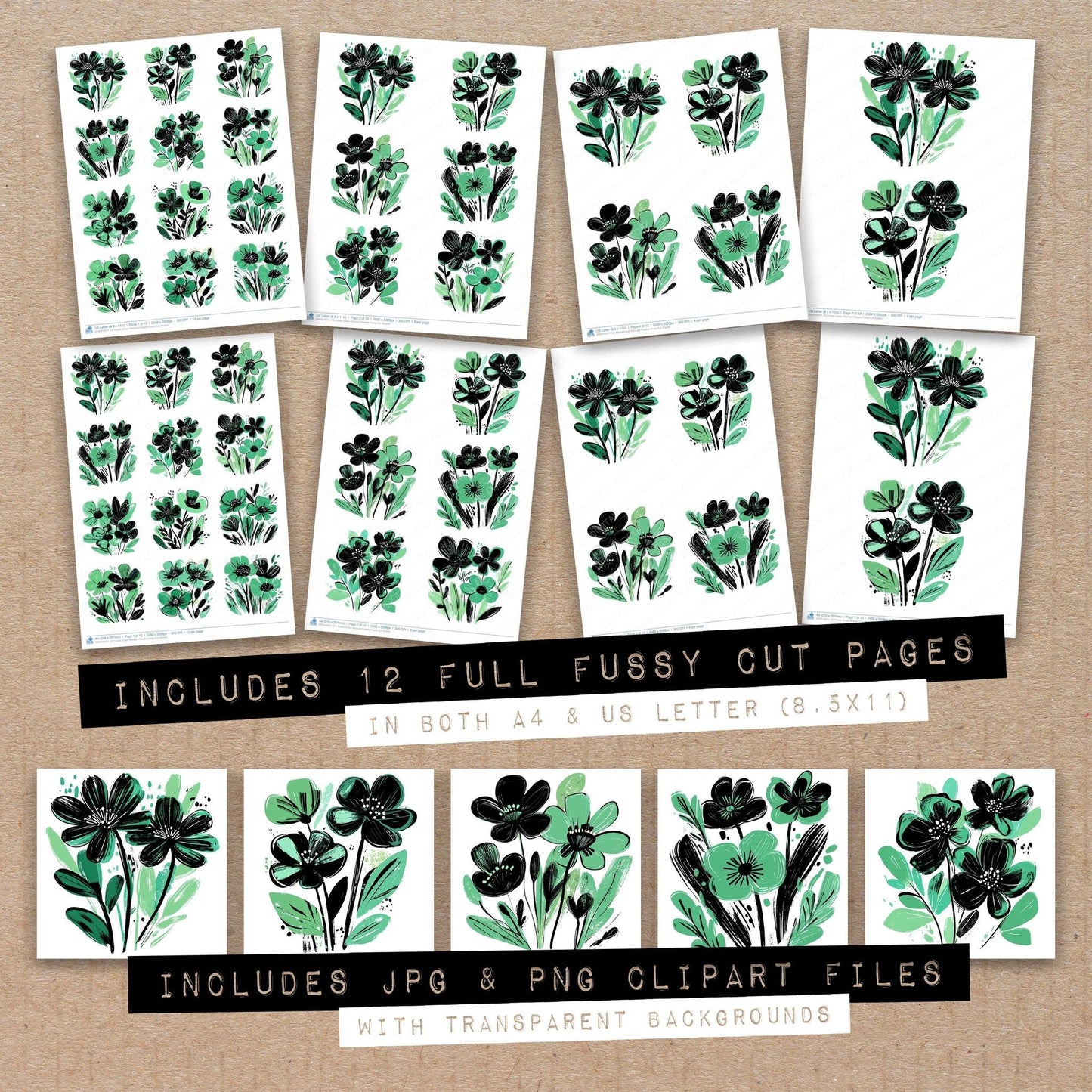 Forest Green Abstract Flowers Fussy Cut Sheets (DDD010011)