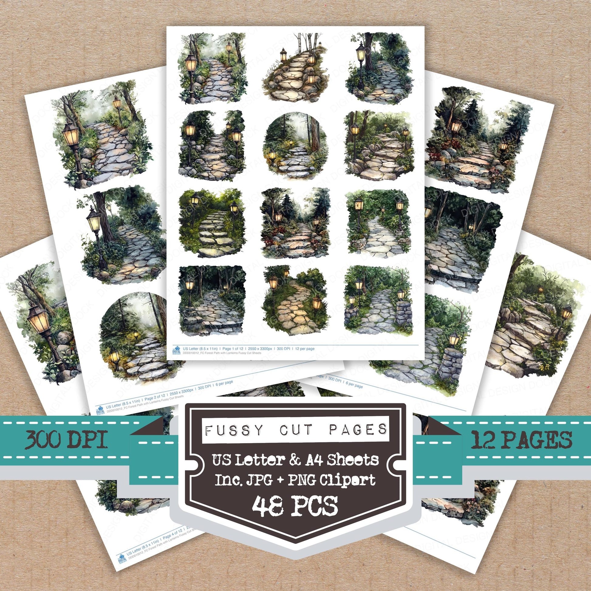 Forest Path with Lanterns fussy cut printable sheets for junk journaling, scrapbooking, and paper craft projects