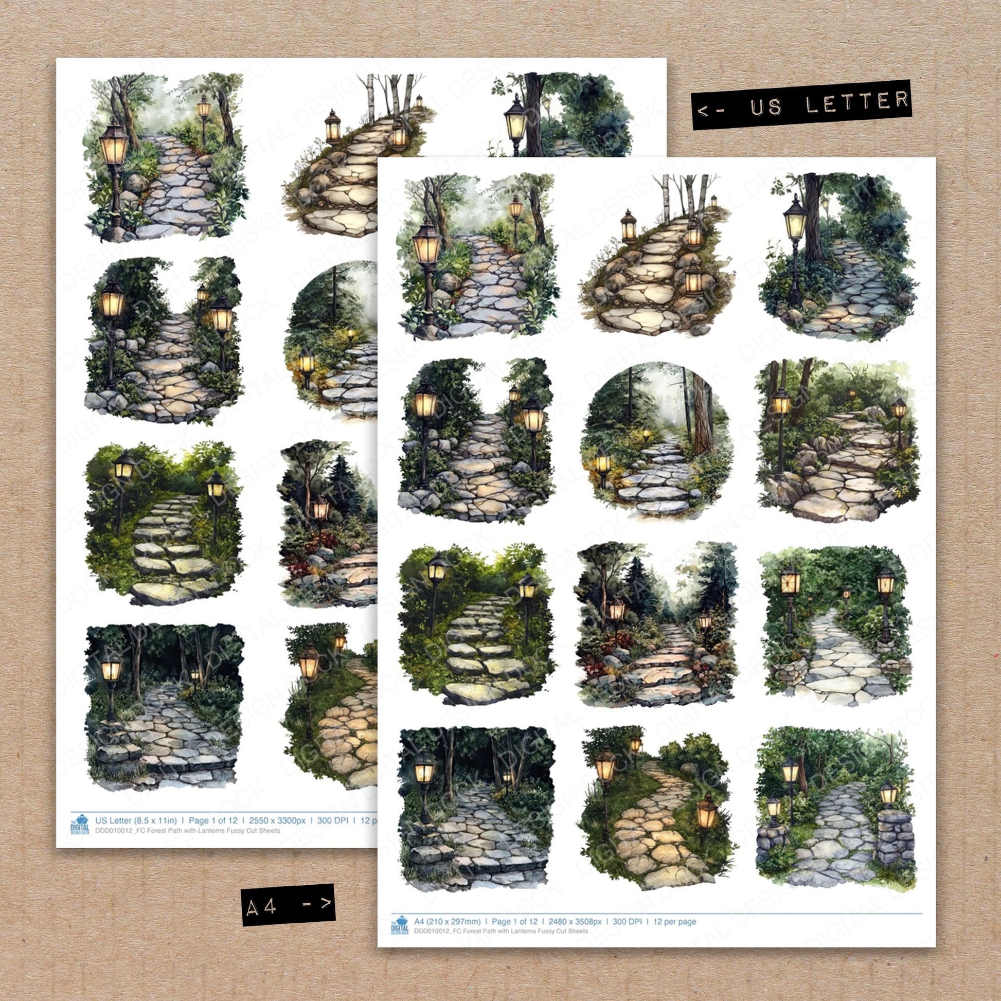 A4 and US Letter format comparison showing Forest Path with Lanterns fussy cut pages for print and cut crafting